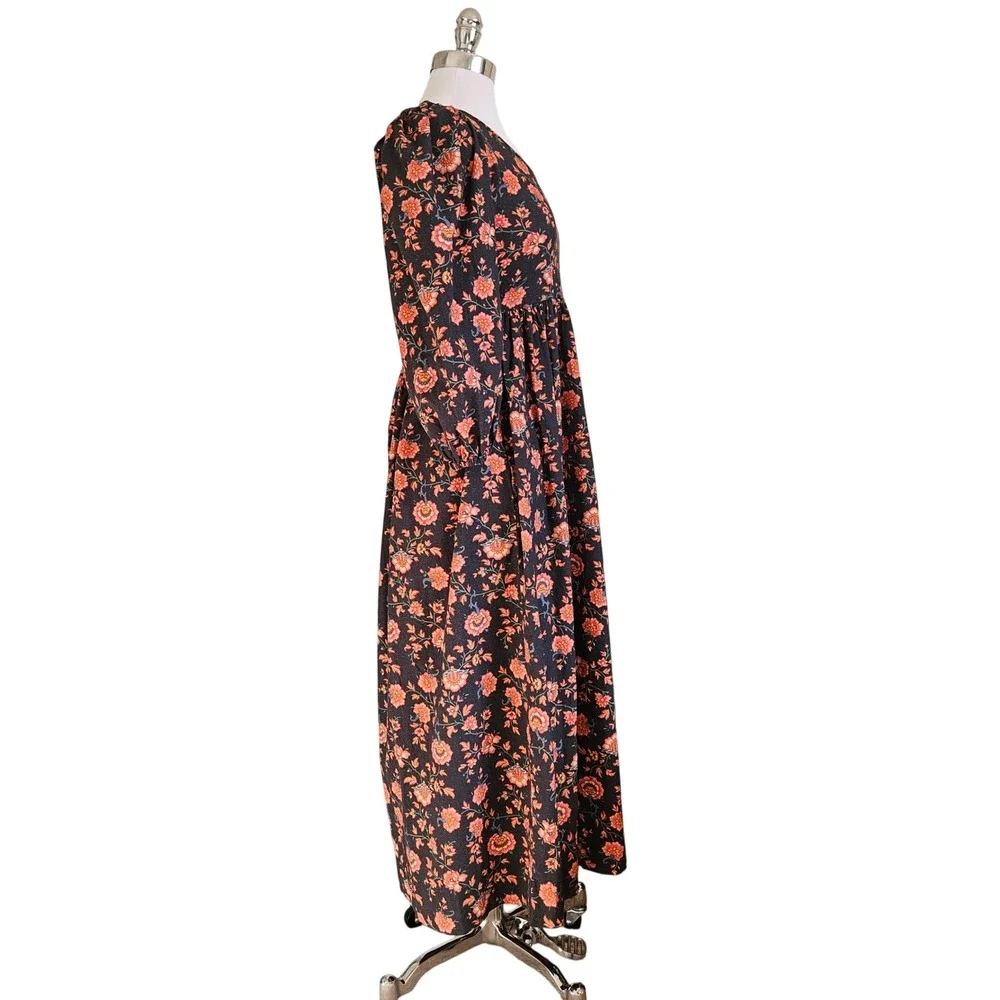 The GREAT. Floral Midi Dress Puff Sleeve Empire Waist Black Orange Size 0‎